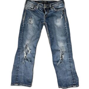 Silver Jeans Aiko Capri Distressed W28 Denim Jeans Mid Rise Western Wear